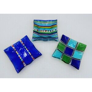 3 Murano Italy Venetian Fused Square Glass Trinket Dishes Ashtray 4" Millefiori